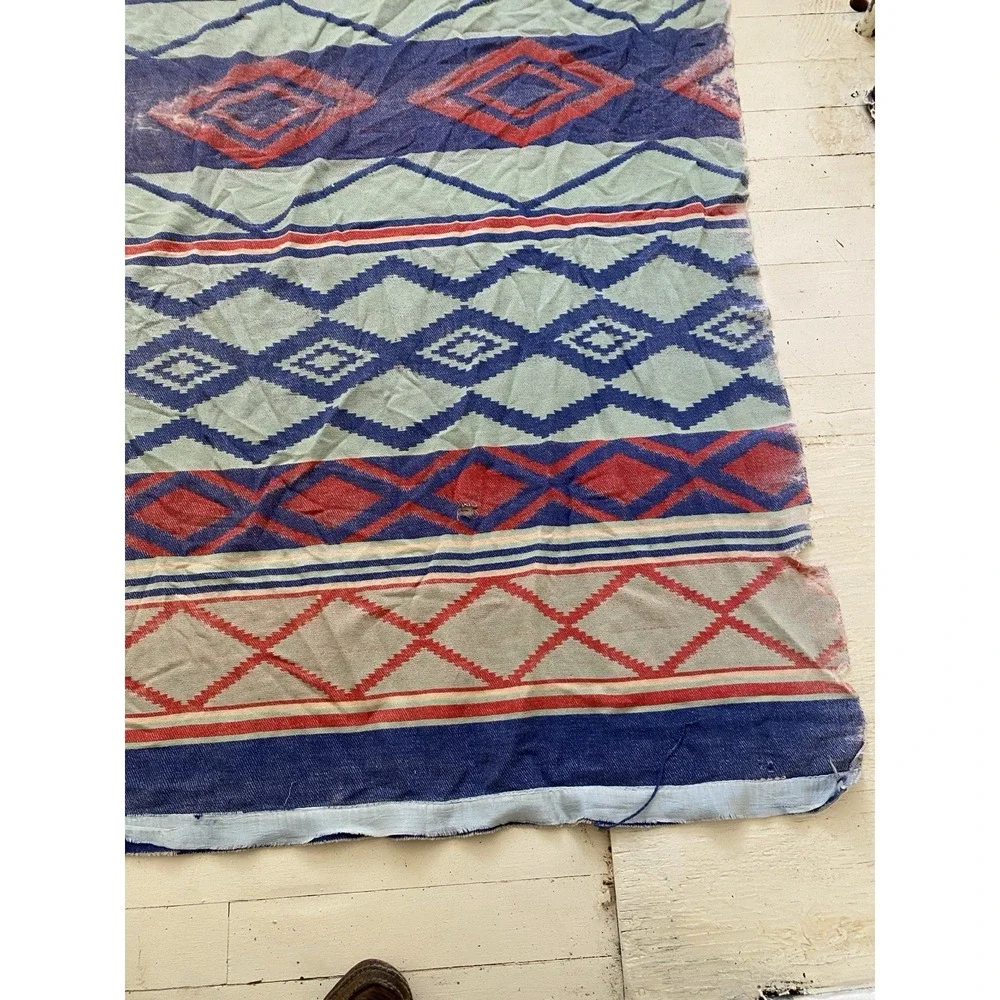 Vintage 30s 40s Cotton Camp Blanket Aztec Native Design Beacon? 76x69 Distressed